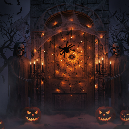 Halloween Spinnennetz Lichterkette – LED Lila & Orange für gruselige Partydeko