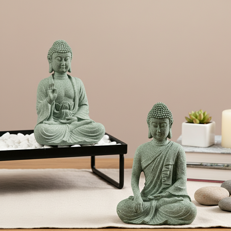 Brunno Figur | Zen-Buddha aus grünem Sandstein für Tisch & Aquarium