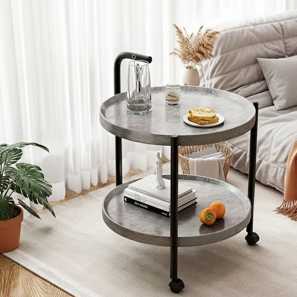 Floravelle | Tweestaps houten bijzettafel met wielen
