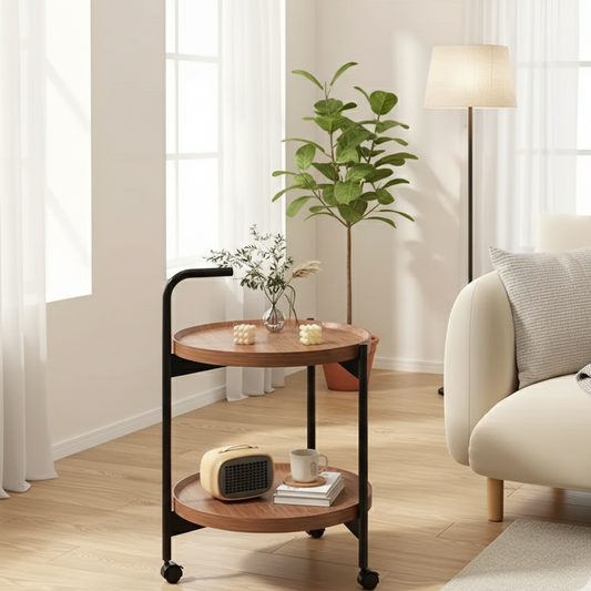 Floravelle | Tweestaps houten bijzettafel met wielen