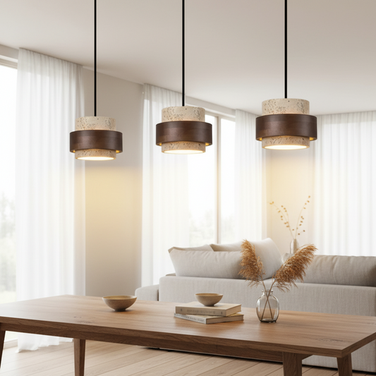 Vira Sabi | Pendelleuchte aus Travertin und Holz im Wabi-Sabi-Stil