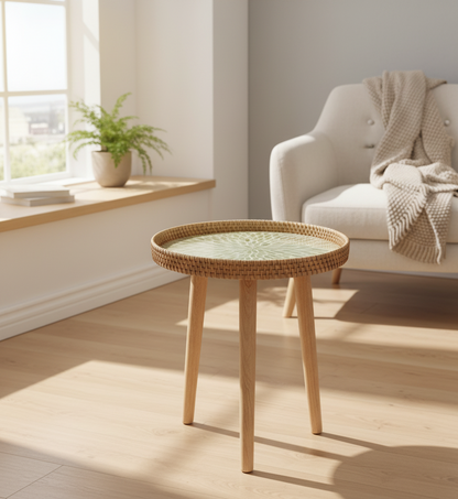 Couchtisch Rund | Handgefertigter Rattan Tisch | Skandinavisches Design | Holz