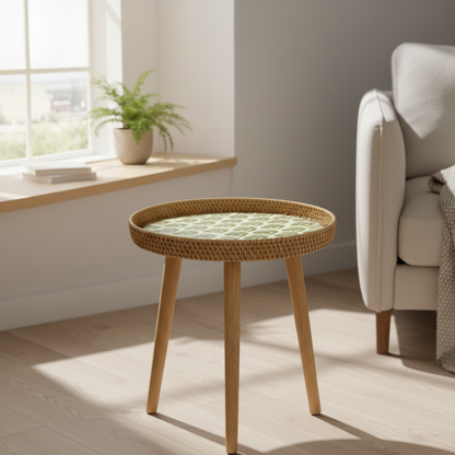Couchtisch Rund | Handgefertigter Rattan Tisch | Skandinavisches Design | Holz