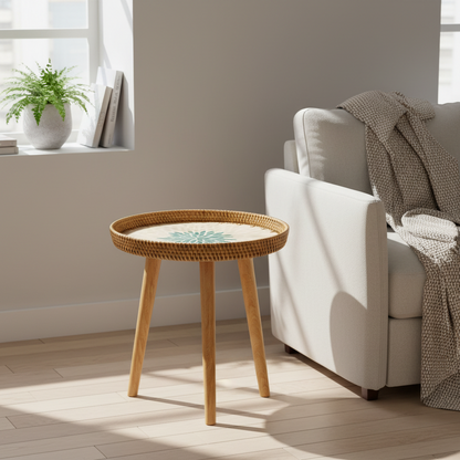 Couchtisch Rund | Handgefertigter Rattan Tisch | Skandinavisches Design | Holz