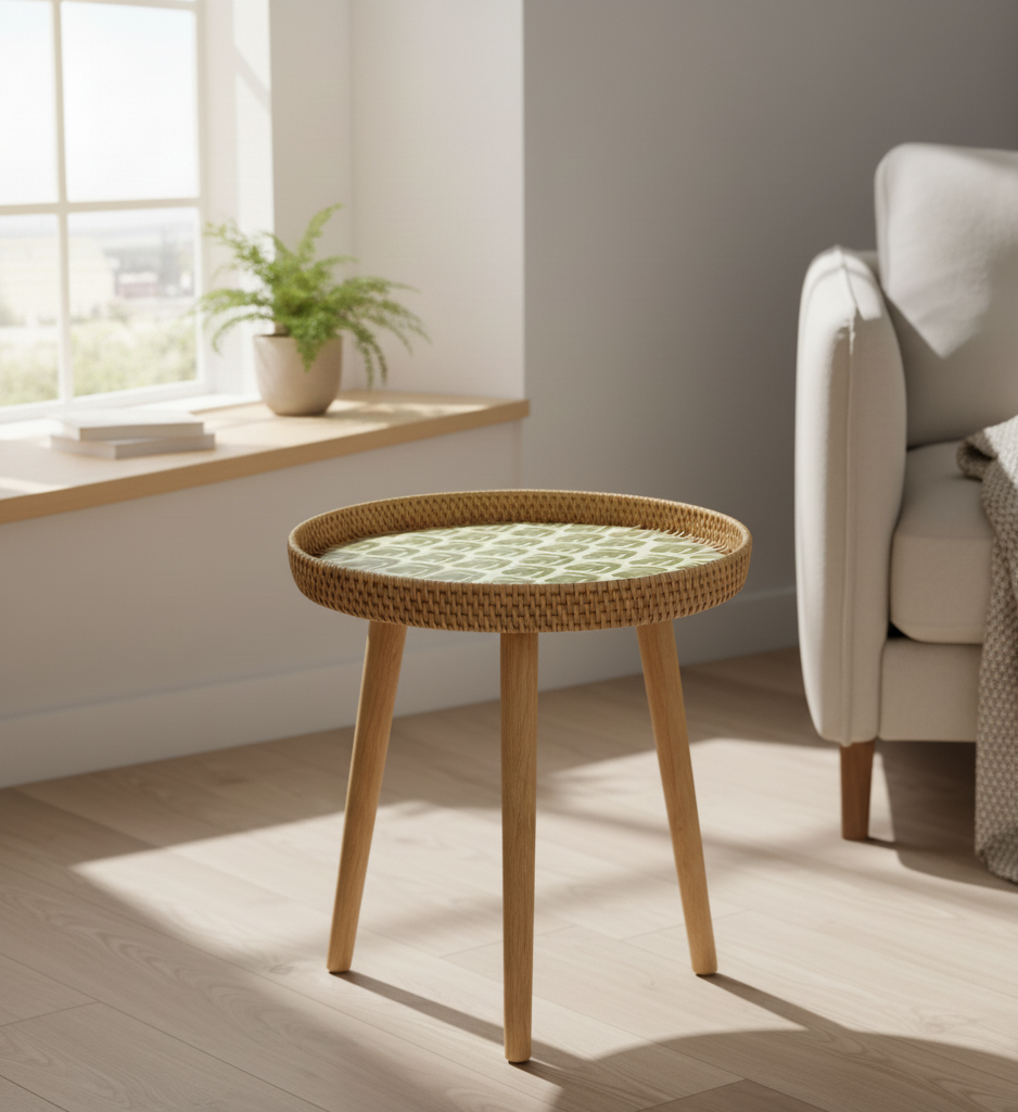 Couchtisch Rund | Handgefertigter Rattan Tisch | Skandinavisches Design | Holz