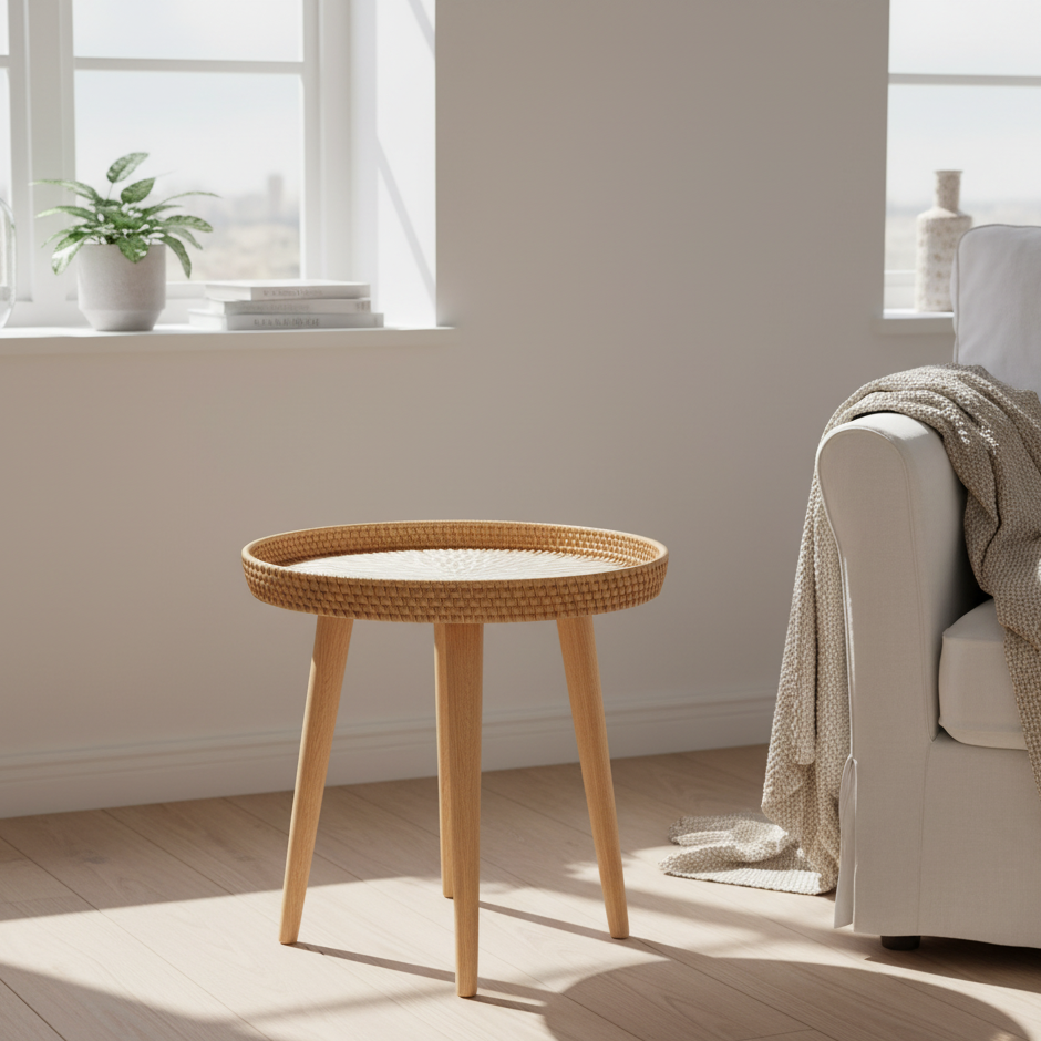 Couchtisch Rund | Handgefertigter Rattan Tisch | Skandinavisches Design | Holz