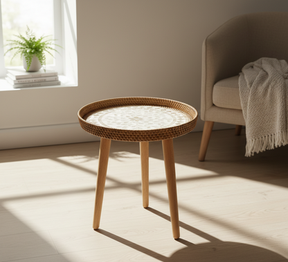 Couchtisch Rund | Handgefertigter Rattan Tisch | Skandinavisches Design | Holz