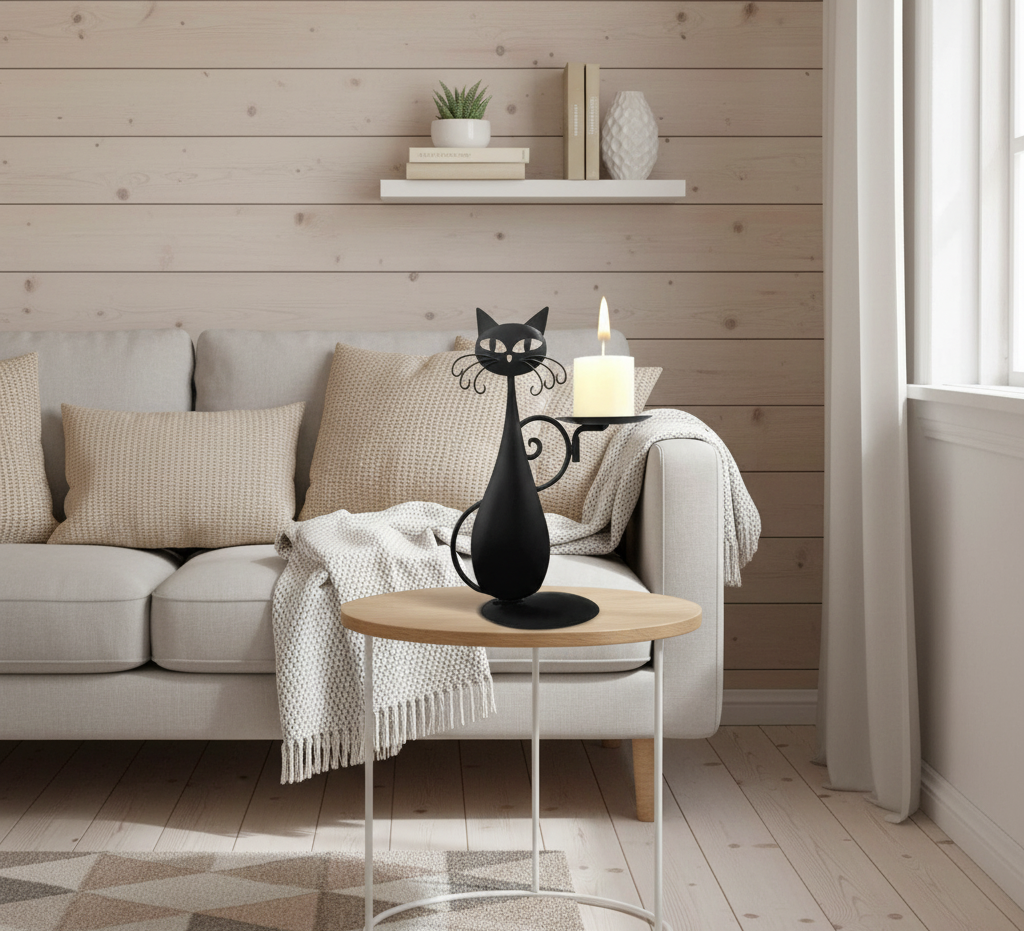 Noctura Catlight | Zwarte metalen kaarsenhouder in de vorm van een kat