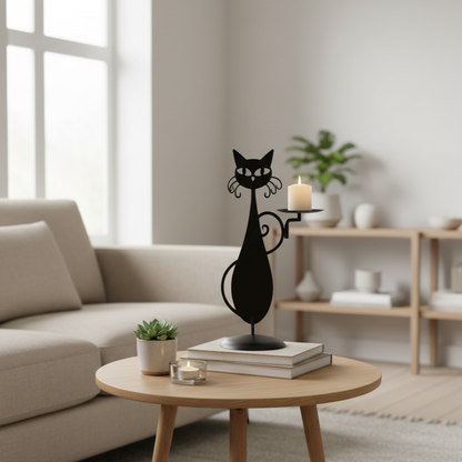 Noctura Catlight | Zwarte metalen kaarsenhouder in de vorm van een kat