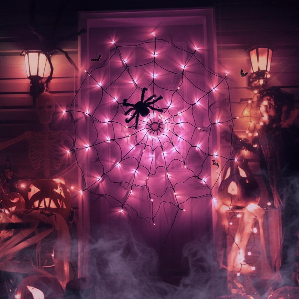 Halloween Spinnennetz Lichterkette – LED Lila & Orange für gruselige Partydeko