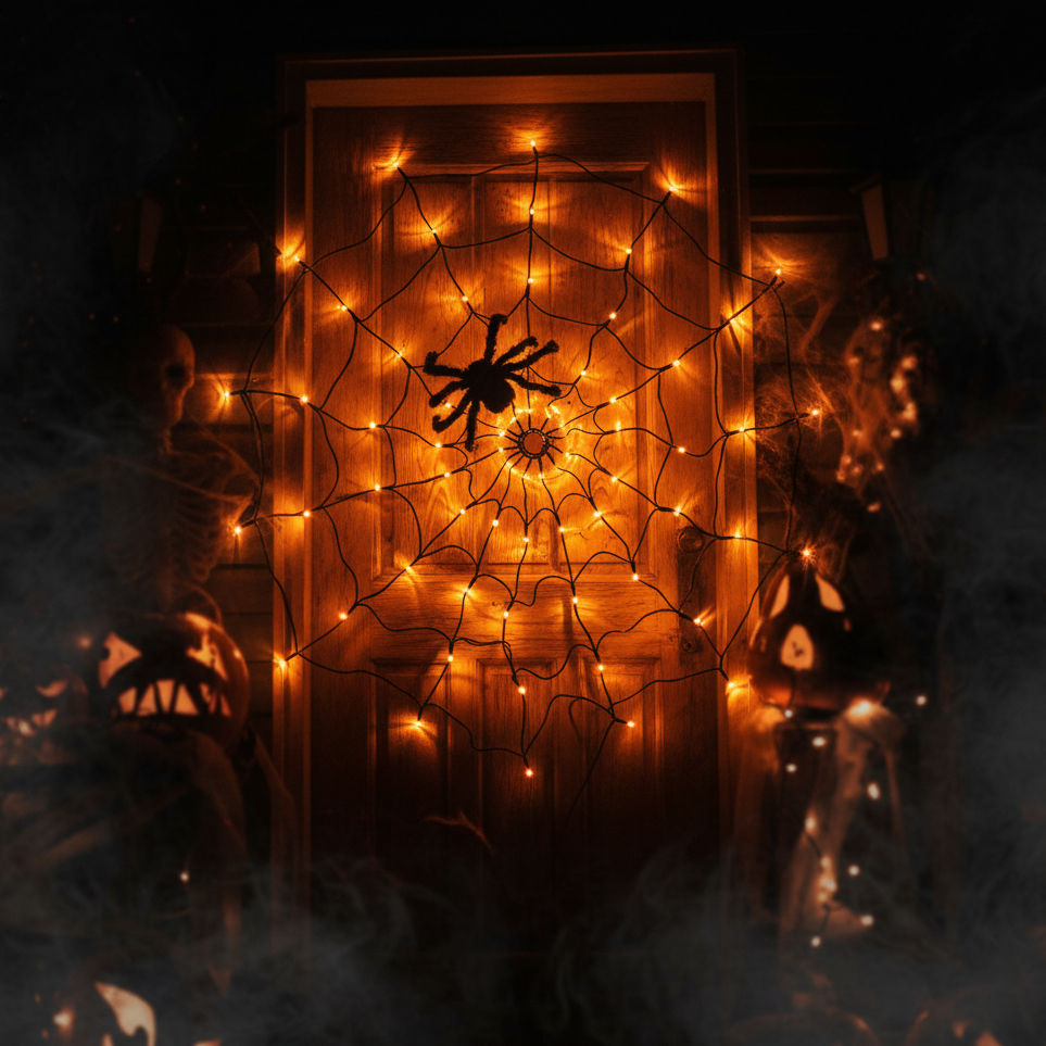 Halloween Spinnennetz Lichterkette – LED Lila & Orange für gruselige Partydeko