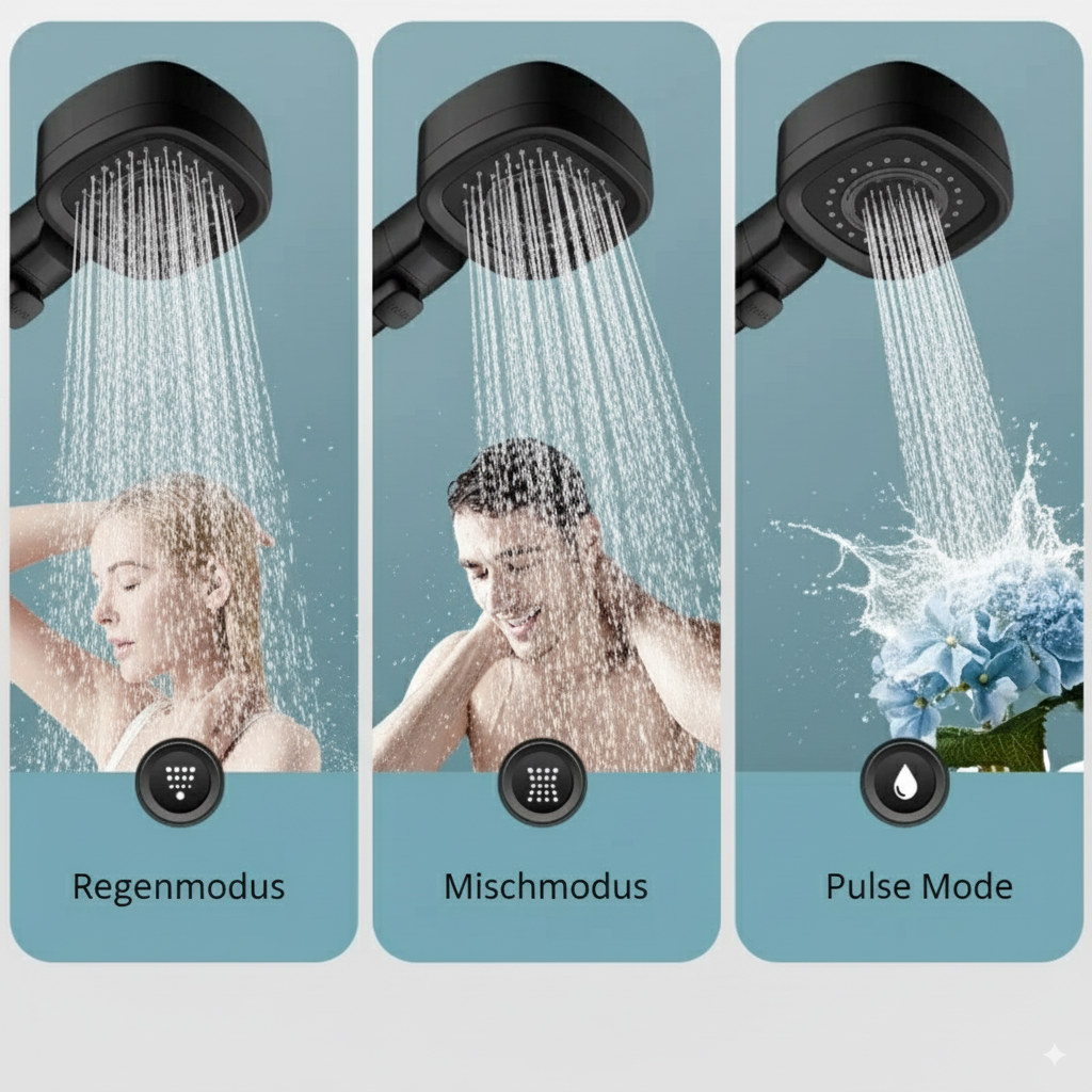 HydraFlow hogedruk douchekop – 3 straalsoorten, waterbesparend & robuust ABS-materiaal