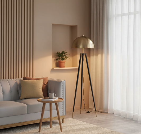 Solano Coyote Stehlampe – Luxus Dreibeinlampe mit Gold-Schirm im modernen Design