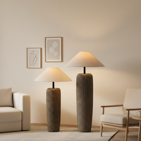 Norvyn Root | Stehlampe aus verwittertem Holz mit Stoffschirm