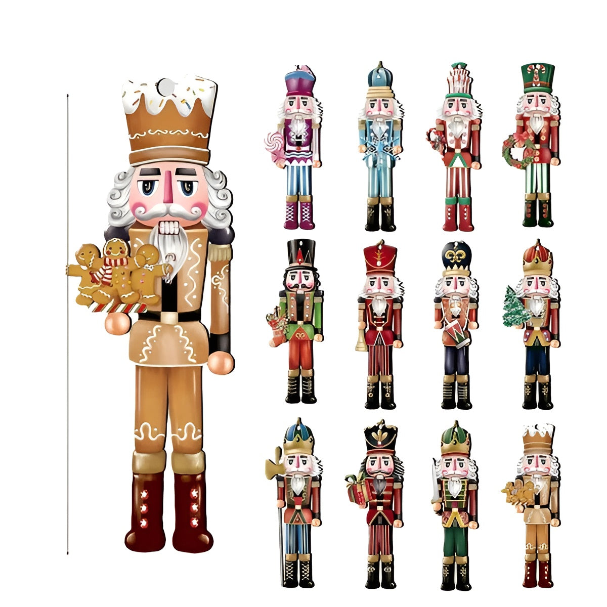 Handgefertigte Nussknacker Figuren | 12er Set Holzornamente für Weihnachtsbaum & Festliche Deko