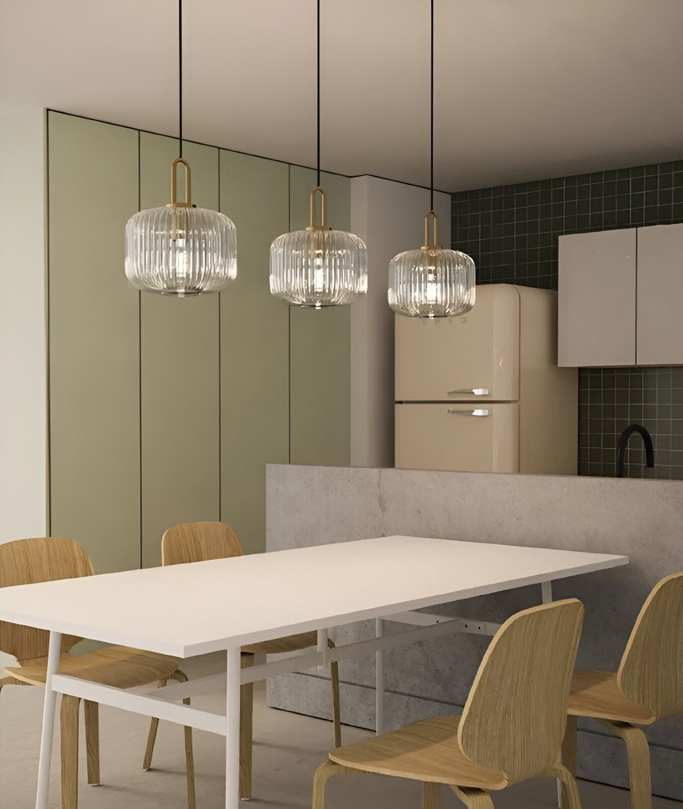 ClaChic lamp | Noordse hanglamp van glas, geribbeld ontwerp in wit & goud