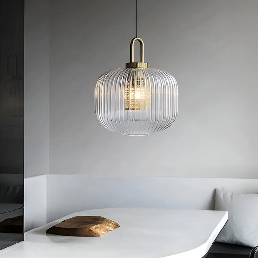 ClaChic Lampe | Nordische Hängelampe aus Glas, geripptes Design in Weiß & Gold
