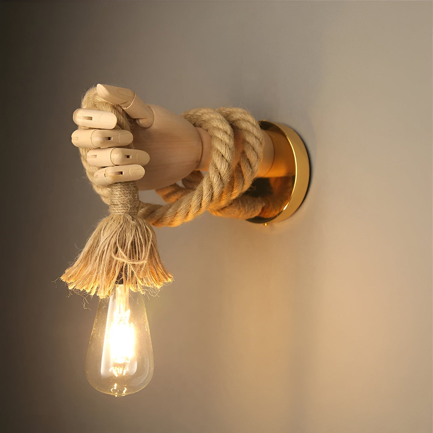 RetroHand Wandleuchte | Handgefertigtes Hanfseil & Holz | Vintage-Design mit E27-Fassung