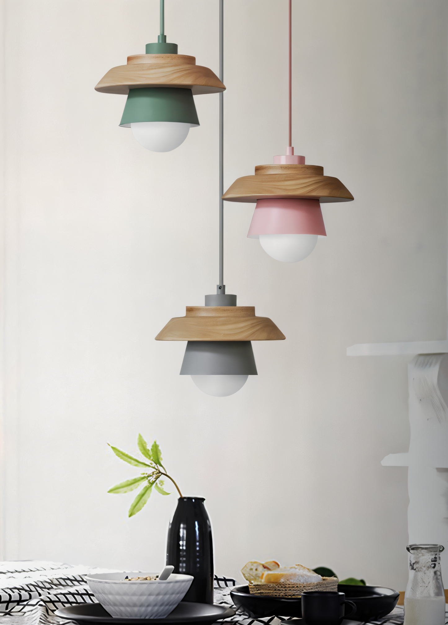 ScandiGlow Pendelleuchte – Nordische LED Hängelampe aus Holz & Metall im Macaron-Design