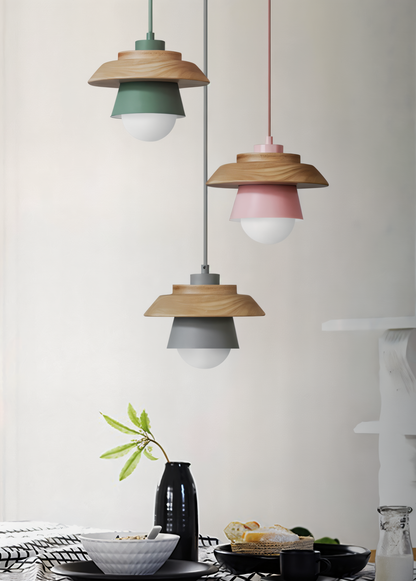 ScandiGlow Pendelleuchte – Nordische LED Hängelampe aus Holz & Metall im Macaron-Design