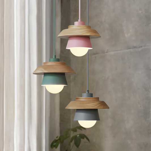 ScandiGlow Pendelleuchte – Nordische LED Hängelampe aus Holz & Metall im Macaron-Design