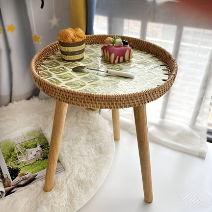Scandi Couchtisch – Runder handgefertigter Rattan Couchtisch aus Holz im nordischen Design
