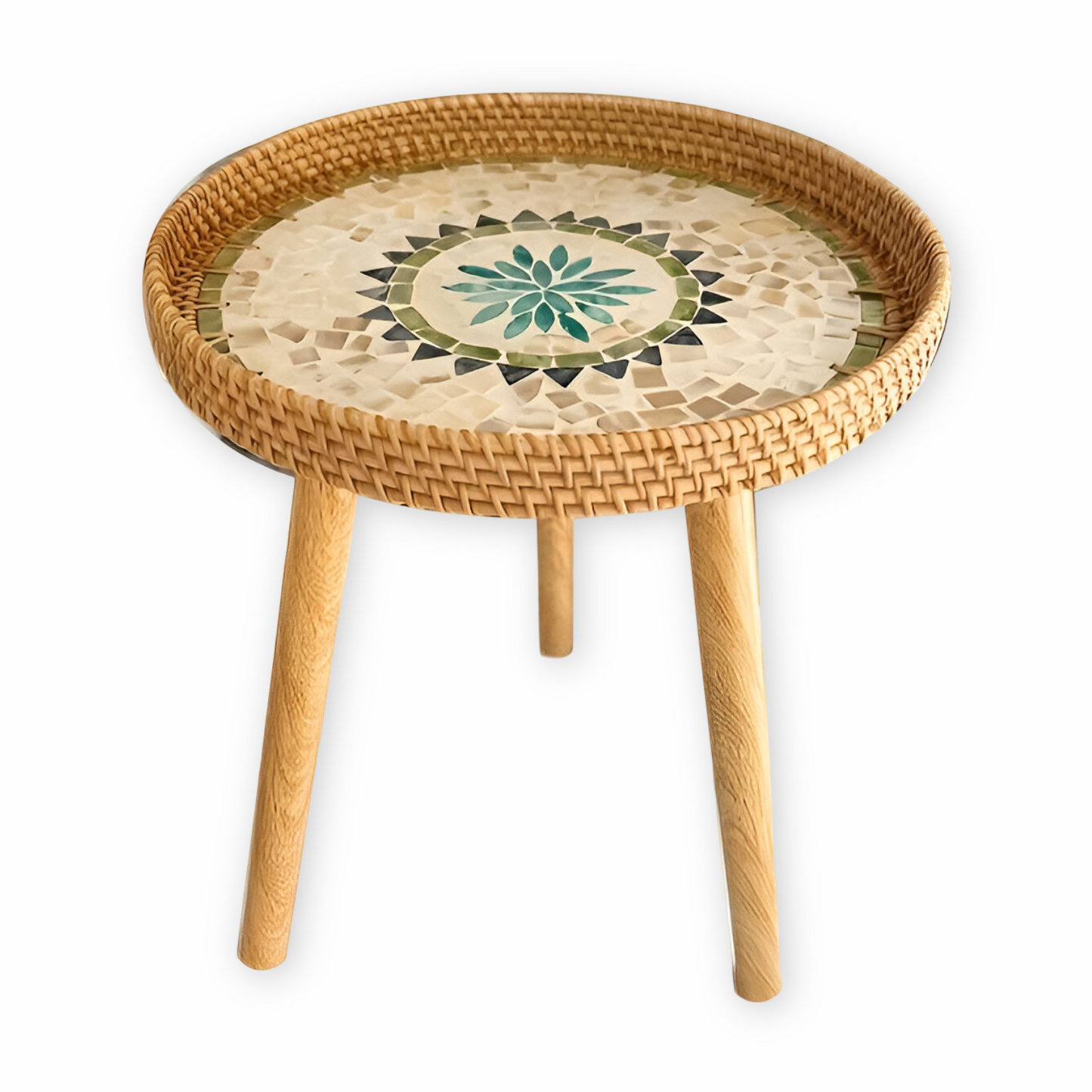 Scandi Couchtisch – Runder handgefertigter Rattan Couchtisch aus Holz im nordischen Design