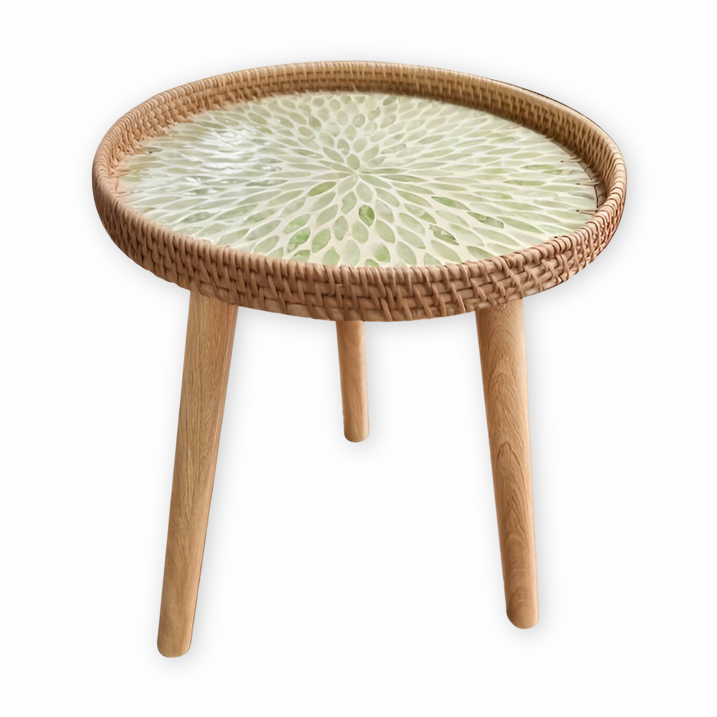 Scandi Couchtisch – Runder handgefertigter Rattan Couchtisch aus Holz im nordischen Design
