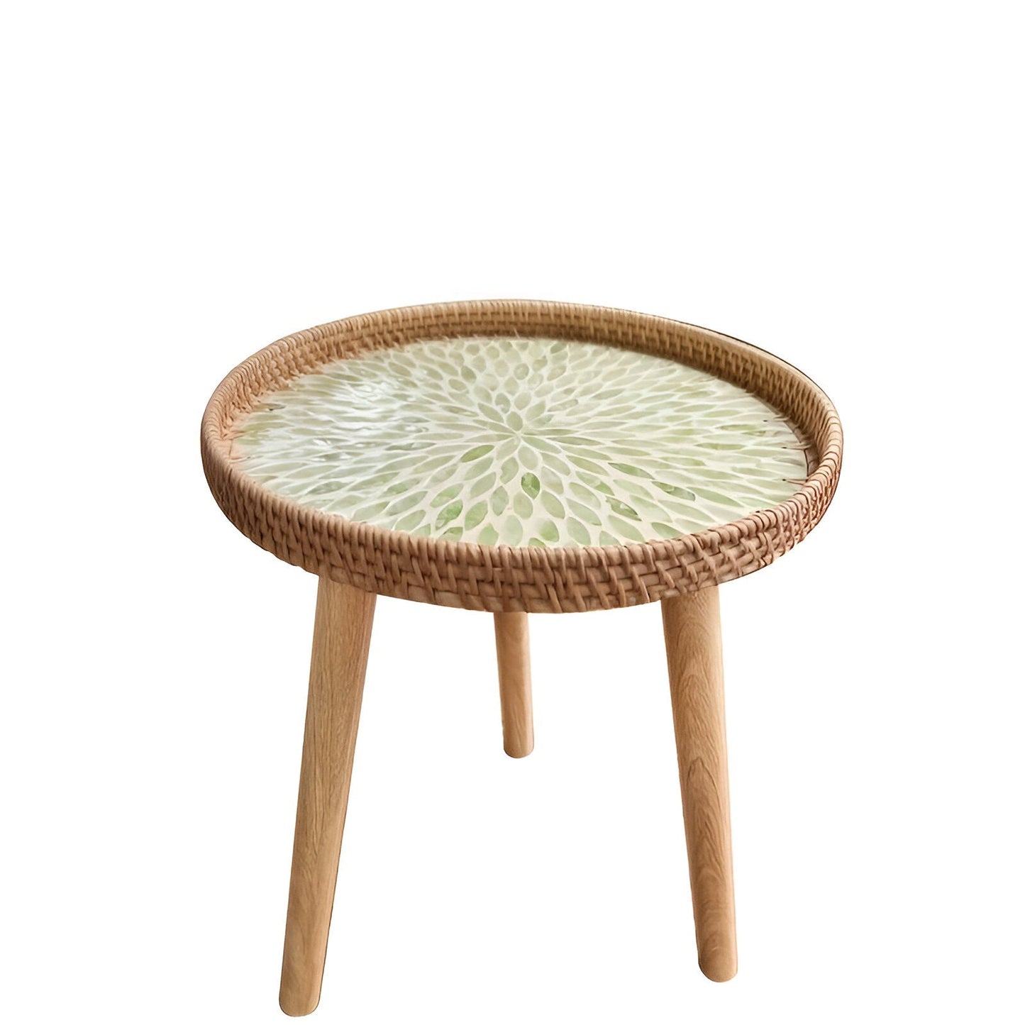 Scandi Couchtisch – Runder handgefertigter Rattan Couchtisch aus Holz im nordischen Design