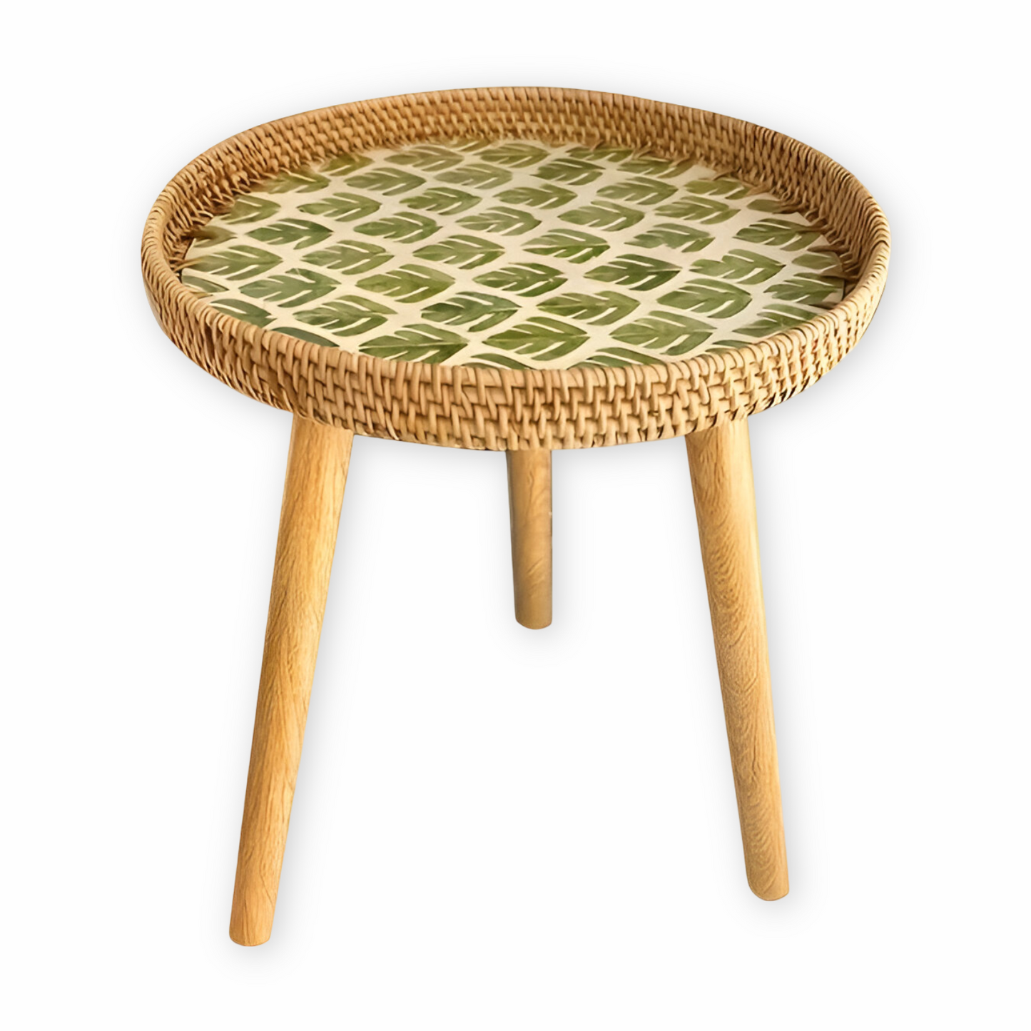 Scandi Couchtisch – Runder handgefertigter Rattan Couchtisch aus Holz im nordischen Design