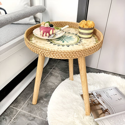 Scandi Couchtisch – Runder handgefertigter Rattan Couchtisch aus Holz im nordischen Design