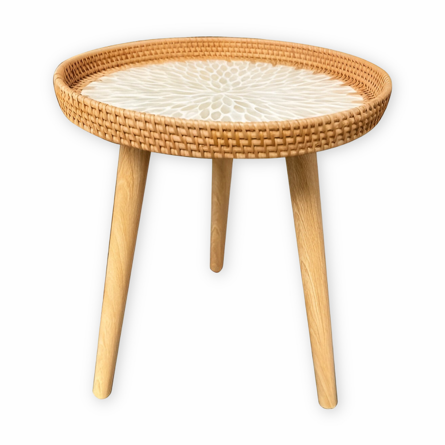 Scandi Couchtisch – Runder handgefertigter Rattan Couchtisch aus Holz im nordischen Design