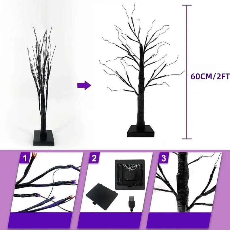 Halloween LED Baum 60cm – Schwarzer Deko-Baum mit Lila & Orange Lichtern