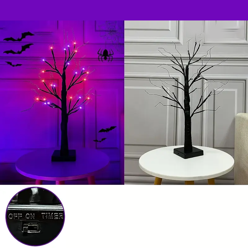 Halloween LED Baum 60cm – Schwarzer Deko-Baum mit Lila & Orange Lichtern