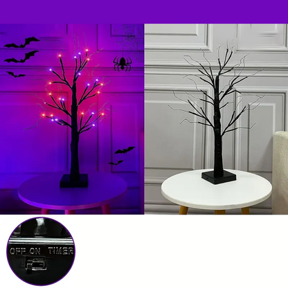Halloween LED Baum 60cm – Schwarzer Deko-Baum mit Lila & Orange Lichtern