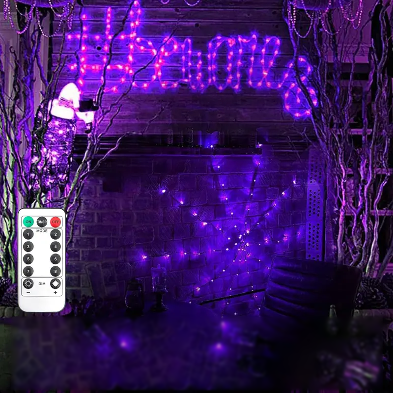 Halloween Spinnennetz Lichterkette – LED Lila & Orange für gruselige Partydeko