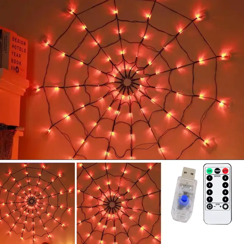 Halloween Spinnennetz Lichterkette – LED Lila & Orange für gruselige Partydeko