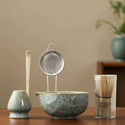 Matcha Set 5 Teilig | Handgefertigte Keramikschale | Japanisches Teeservice | Mit Bambus Zubehör