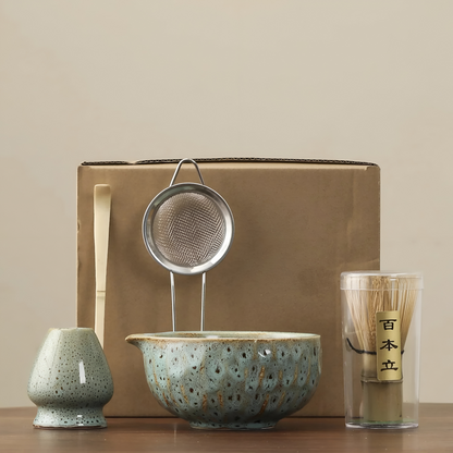 Matcha Set 5 Teilig | Handgefertigte Keramikschale | Japanisches Teeservice | Mit Bambus Zubehör