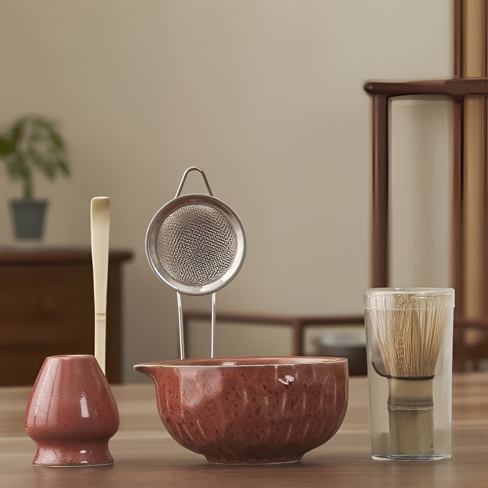 Matcha Set 5 Teilig | Handgefertigte Keramikschale | Japanisches Teeservice | Mit Bambus Zubehör