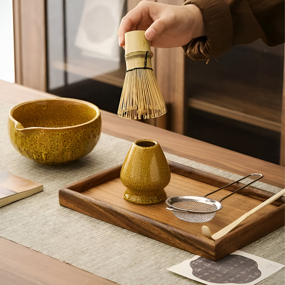 Matcha Set 5 Teilig | Handgefertigte Keramikschale | Japanisches Teeservice | Mit Bambus Zubehör