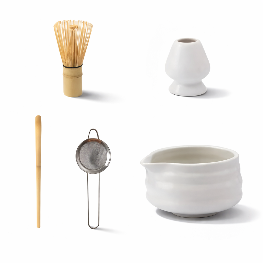 Matcha Set 5 Teilig | Weiße Keramikschale 460 ml | Mit Bambusbesen | Japanisches Design