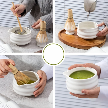 Matcha Set 5 Teilig | Weiße Keramikschale 460 ml | Mit Bambusbesen | Japanisches Design