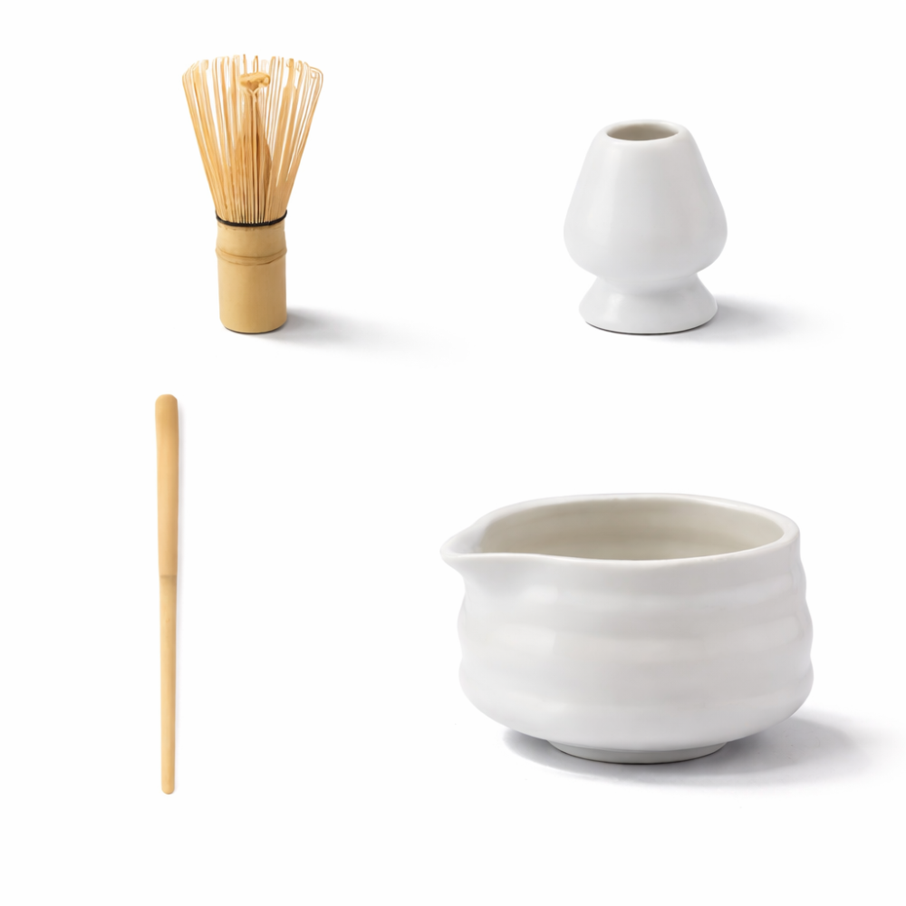 Matcha Set 5 Teilig | Weiße Keramikschale 460 ml | Mit Bambusbesen | Japanisches Design