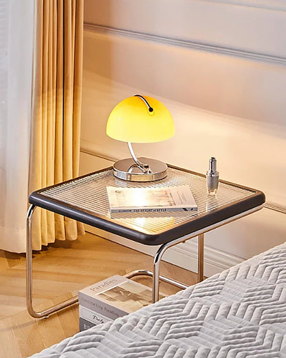 Solvia Cane | Runder Couchtisch aus Rattan mit Glasplatte im Mid-Century-Stil