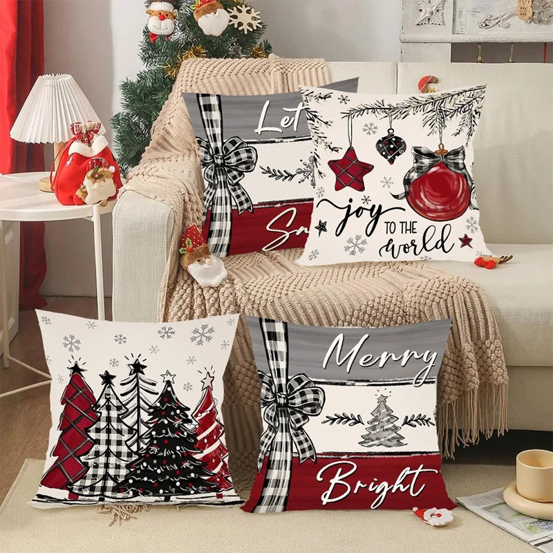 Rustikale Weihnachtskissenbezüge | 4er Set Dekokissen im Bauernhaus-Stil | Festliche Sofakissen für Winter & Feiertage