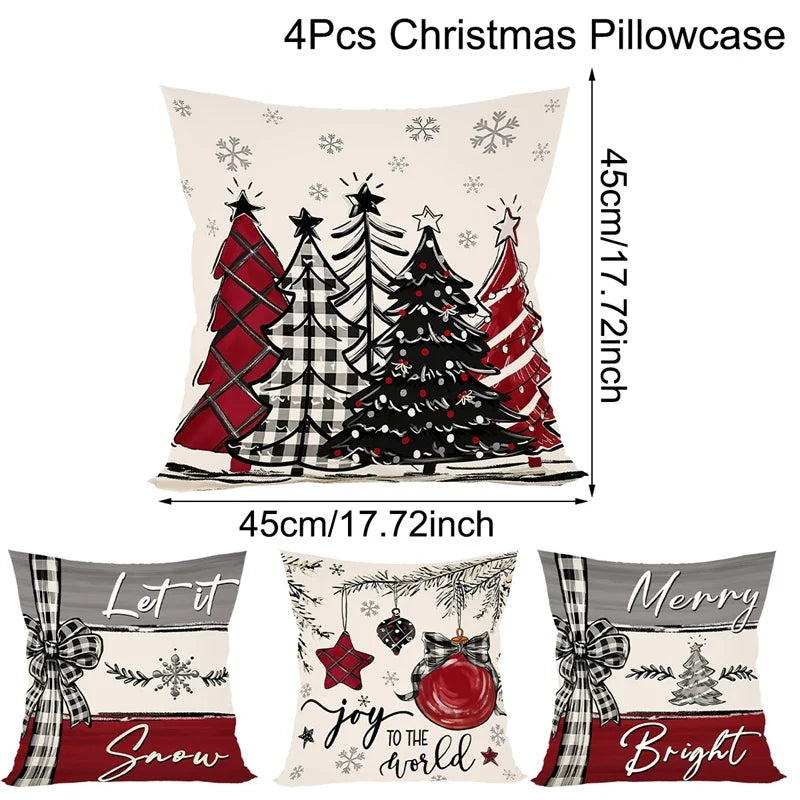 Rustikale Weihnachtskissenbezüge | 4er Set Dekokissen im Bauernhaus-Stil | Festliche Sofakissen für Winter & Feiertage
