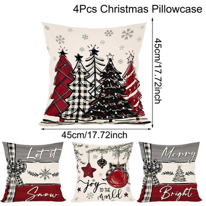 Rustikale Weihnachtskissenbezüge | 4er Set Dekokissen im Bauernhaus-Stil | Festliche Sofakissen für Winter & Feiertage