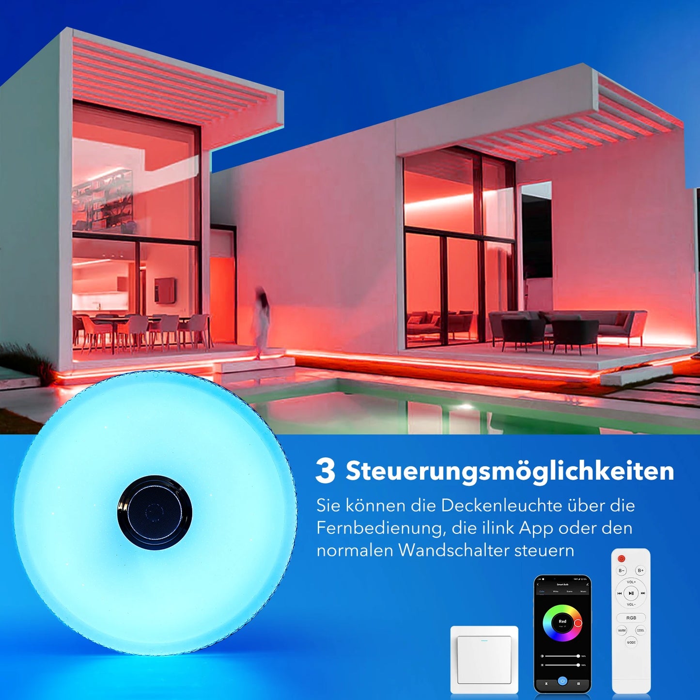Lunavi Crystal | LED-Deckenleuchte mit Bluetooth-Lautsprecher und RGB-Farbwechsel