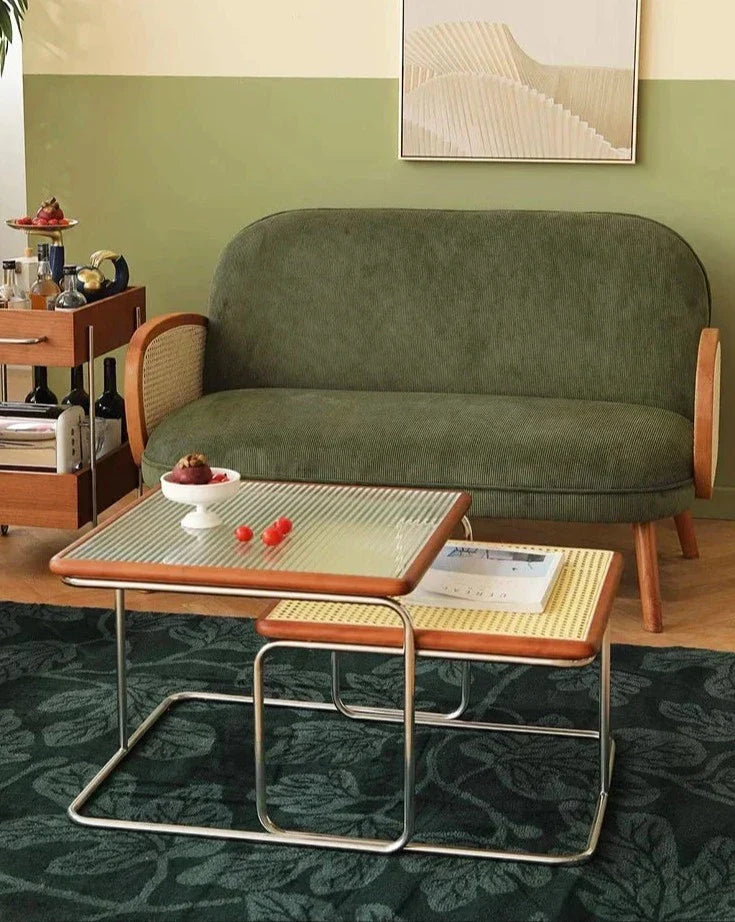 Solvia Cane | Runder Couchtisch aus Rattan mit Glasplatte im Mid-Century-Stil